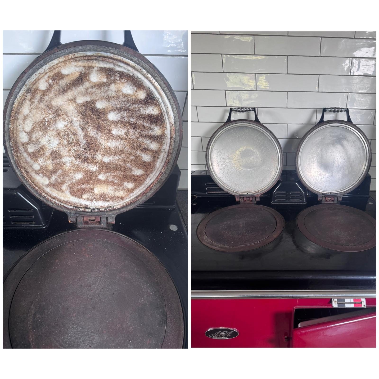 AGA hotplates before and after cleaning — burnt residue removed to a clean finish
