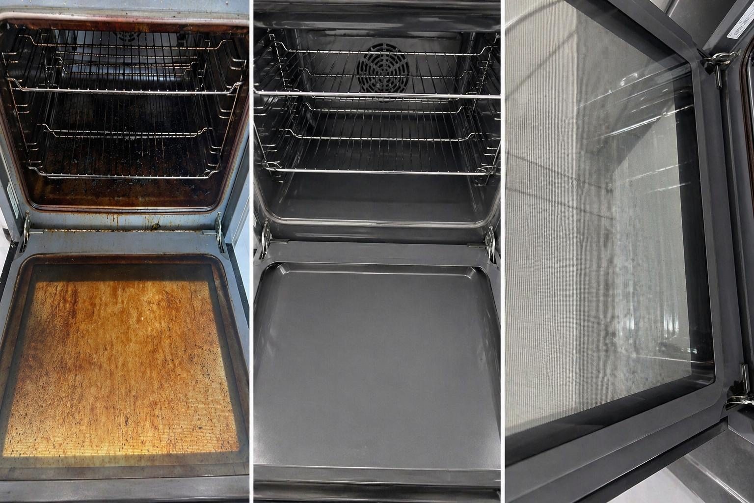Oven before and after a Pure Luxe deep clean — burnt-on grime removed to a spotless finish
