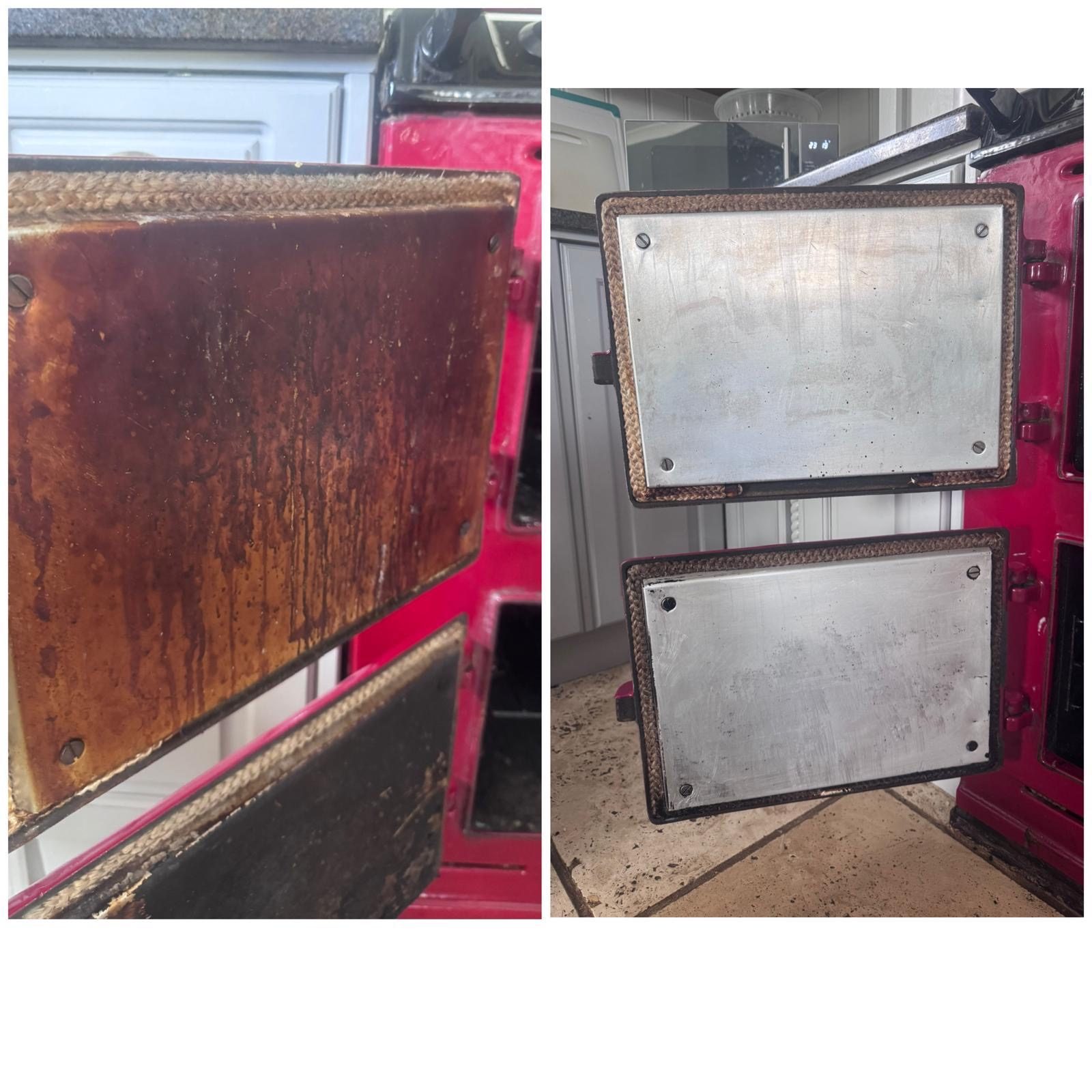 Oven trays and door before and after cleaning — from burnt brown to bright stainless steel